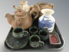 A group of Scandinavian stoneware jugs and teapots, vase, shallow dish, etc.