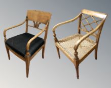A continental satinwood armchair and another similar chair