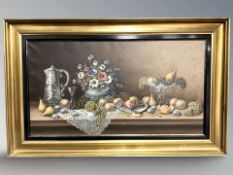 Danish School : Still life with flowers and fruit, oil on canvas, 99 cm x 53 cm.
