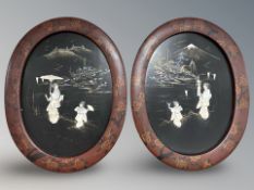 A pair of Japanese Meiji period Shibayama lacquer panels depicting ladies in a landscape,