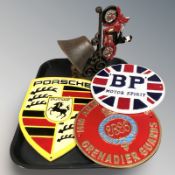 Three painted cast iron plaques, Porsche, BP and Grenadier Guards,