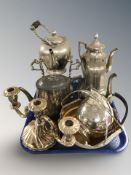 A silver plated spirit kettle on stand, further kettles and teapots, candle holder, etc.