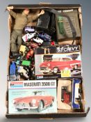 Two Monogram scale vehicle modelling kits, further die cast vehicles, Action Man figure,