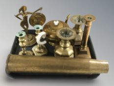 A large inert brass ammunition shell, pair of pricket candlesticks, gong in the form of a lady, etc.