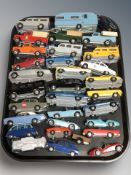 A collection of reproduction unboxed 1:42 scale die cast Spot-On by Tri-Ang die cast vehicles.