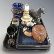 A group of Scandinavian pottery items, figure of a horse, Mexican bust of a man, lamp base, etc.