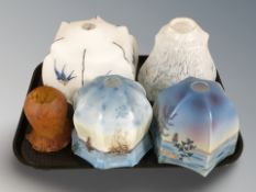 Five early 20th century coloured and hand painted glass light shades.