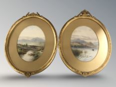 R Hayes : A figure in a rowing boat with mountains beyond, watercolour, 25 cm x 17 cm,