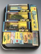 A group of reproduction Corgi and Dinky die cast cars, drop side lorry and platform, etc,