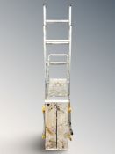 Two aluminium step ladders and a similar decorator's platform.