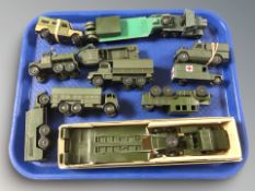 A Dinky Toys 660 tank transporter, in box, and several further military die cast trucks, jeeps, etc.