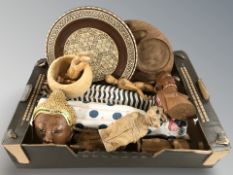 A group of Eastern hardwood busts, painted wooden cat figures and other treen items.
