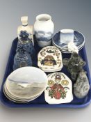 A group of Danish and Norwegian blue and white porcelain collector's plates, vases, figures,