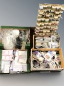 Assorted haberdashery and craft supplies including coloured glass beads, sequins, thread bobbins,