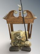 A carved oak long case clock hood and movement with 12