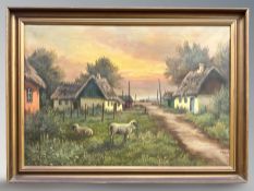 Danish School : Sheep by thatched buildings, oil on canvas, 95 cm x 65 cm.