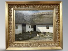 Danish School : Chickens in a courtyard, oil on canvas, 29 cm x 23 cm, signed with initials R K.