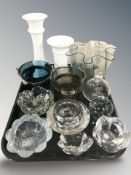 A group of Scandinavian glass tea light holders, paperweight, sugar baskets, vessels, etc.