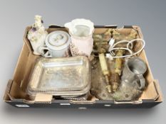 A pair of onyx and gilt metal table lamps, EPNS entree dishes,