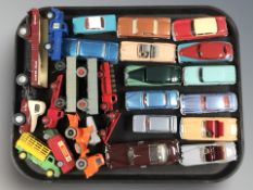 A group of reproduction Dinky and Tri-Ang Spot-On die cast cars, flatbed wagons, etc.