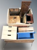 A group of continental wooden storage chests, teak floating shelves, small stool,