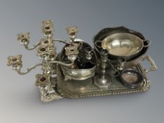 A group of silver plated items, candelabrum,