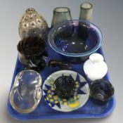 A group of Scandinavian glass vases, fruit bowl, shallow dishes, etc.