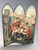 A reproduction threefold screen depicting medieval figures in a landscape,