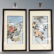 A pair of early 20th century Chinese shell collage pictures depicting birds perched on branches,