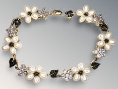 A 9ct gold amethyst, pearl and black diamond bracelet,