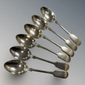 A set of six Edwardian silver dessert spoons, Walker & Hall, Sheffield 1907, length 17.5cm.