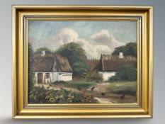 Danish School : Chickens by a thatched barn, oil on canvas, 32 cm x 24 cm.