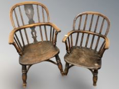 Two 19th century elm child's Windsor armchairs with crinoline understretchers,