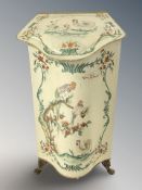 A hand painted Toleware serpentine front lidded bin, on paw feet, height 59 cm.