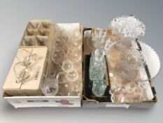 Assorted crystal drinking glasses, decanter and pair of tumblers on brass handled platter, etc.