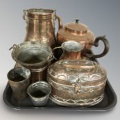 A group of copper plated vessels, beaker, teapot, etc.