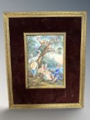 After Boucher : Figures revelling by the water's edge, oil painting on ivory panel, 15.