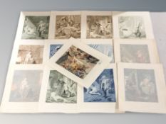 A collection of antiquarian French monochrome and colour engravings including numerous erotic