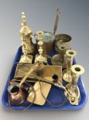 A group of brass candlesticks, Turkish style coffee pot, desk stand, etc.