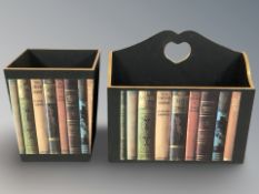 A gilt magazine rack and waste paper bin depicting book bindings, rack 38 cm wide.