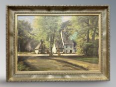 A Johansen : Building in woodland, oil on canvas, 65 cm x 44 cm.