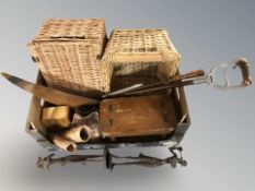 A group of wicker baskets, small cracket, shooting stick, carnival glass bowls, etc.