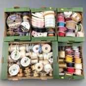 A large quantity of haberdasher's ribbons and cord in various lengths, designs and colours.