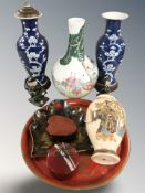 Oriental wares including two Chinese blue and white porcelain baluster vases decorated with prunus,