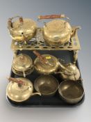 A brass trivet, a group of engraved tea pots, pair of Indian bowls, etc.