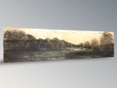 A large antiquarian oil painting on wooden panel depicting cattle watering in a stream,