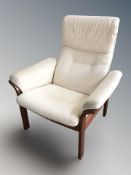 A 20th century Danish bentwood armchair in cream fabric, width 80 cm.