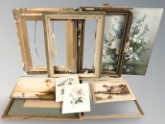 A group of gilt picture frames, antiquarian watercolours, etc.