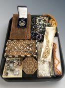 A group of costume bead necklaces, Indian hardwood trinket boxes, earrings, etc.