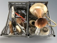 A quantity of metal wares, pair of onyx horse head bookends, painted metal doorstop, etc.